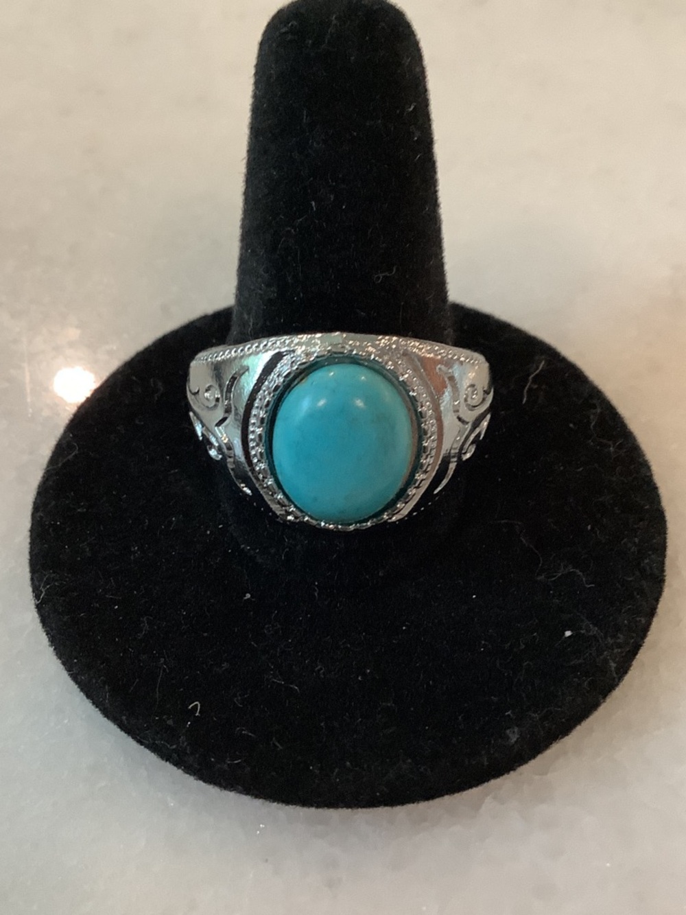 Men’s Silver Tone Style Ring with Turquoise Cabochon, Brand New